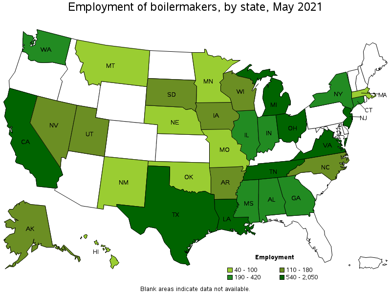 Map of employment of boilermakers by state, May 2021