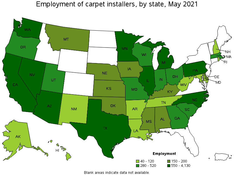 Map of employment of carpet installers by state, May 2021