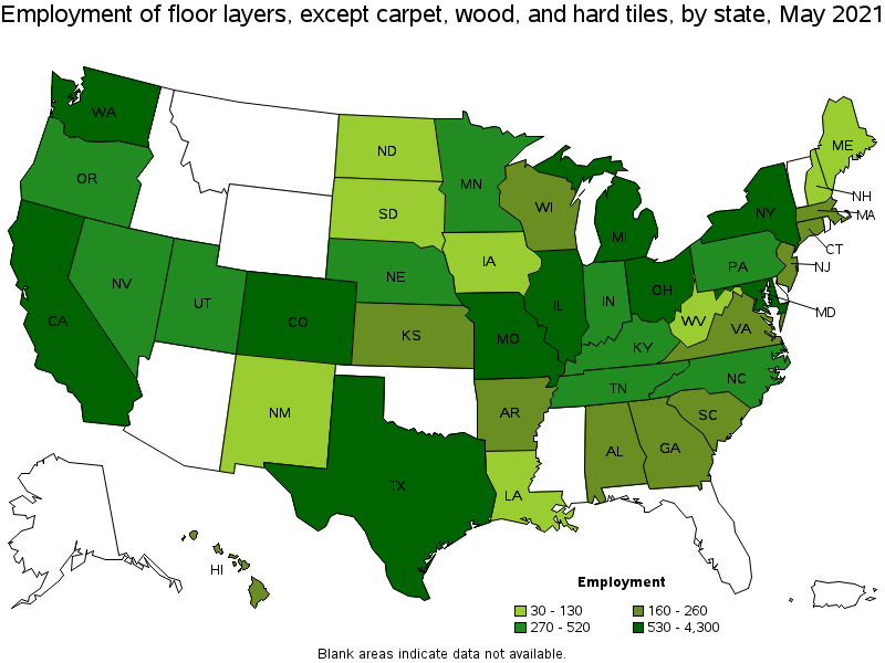 Map of employment of floor layers, except carpet, wood, and hard tiles by state, May 2021