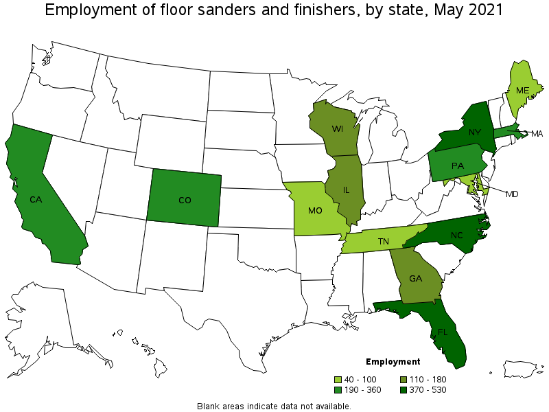 Map of employment of floor sanders and finishers by state, May 2021