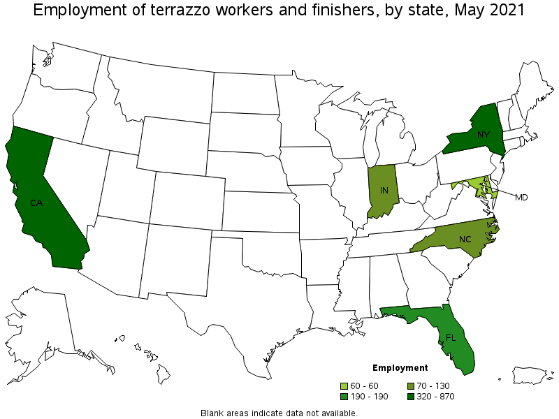 Map of employment of terrazzo workers and finishers by state, May 2021
