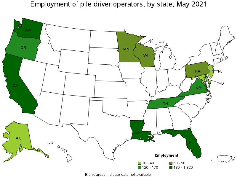 Map of employment of pile driver operators by state, May 2021