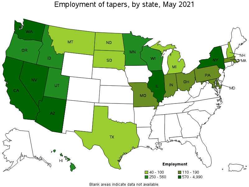 Map of employment of tapers by state, May 2021