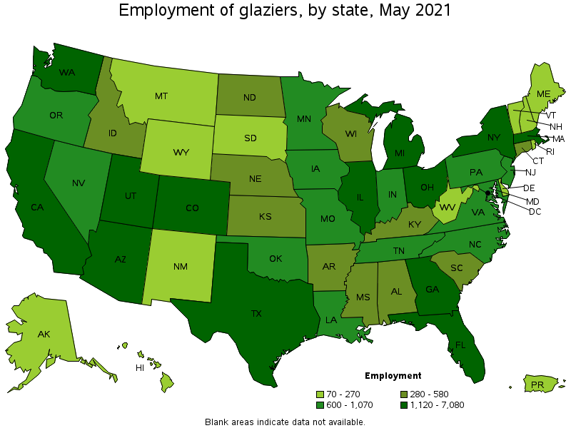 Map of employment of glaziers by state, May 2021
