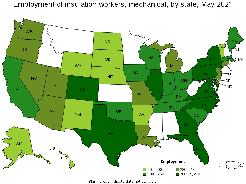 Map of employment of insulation workers, mechanical by state, May 2021