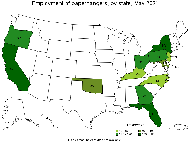 Map of employment of paperhangers by state, May 2021