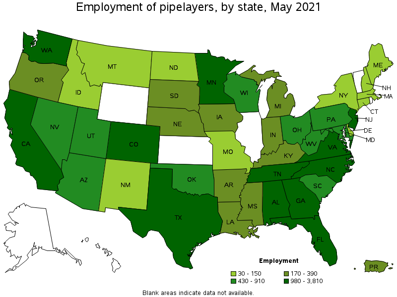 Map of employment of pipelayers by state, May 2021