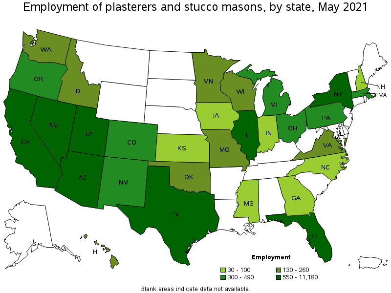 Map of employment of plasterers and stucco masons by state, May 2021