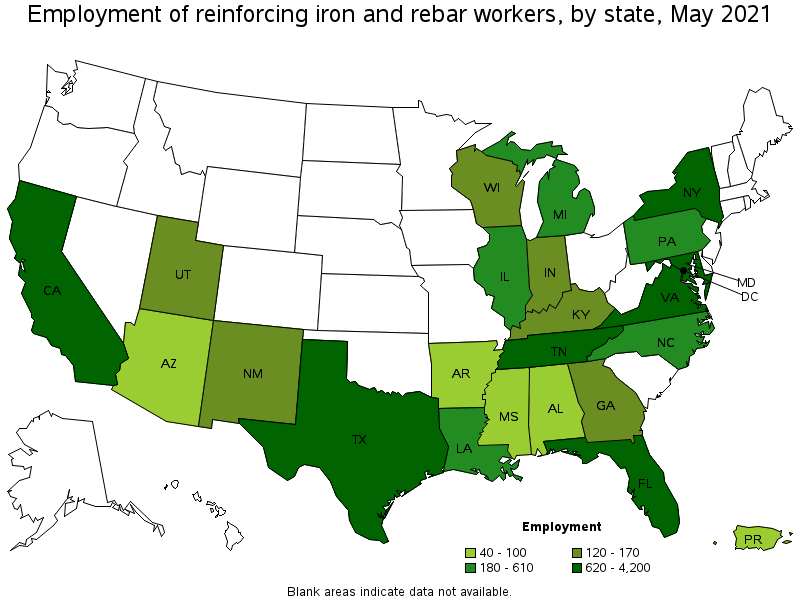 Map of employment of reinforcing iron and rebar workers by state, May 2021