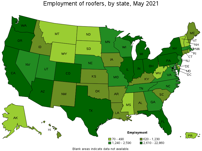 Map of employment of roofers by state, May 2021