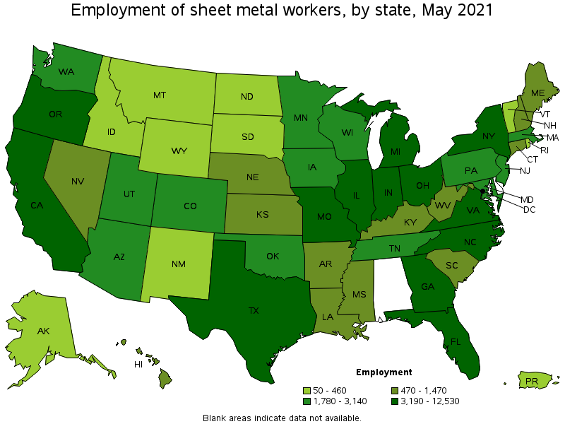 Map of employment of sheet metal workers by state, May 2021