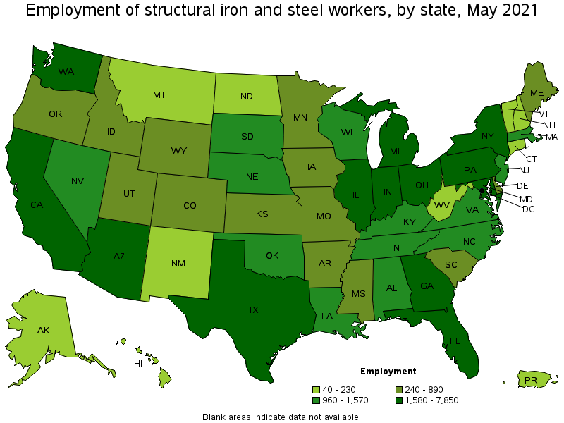 Map of employment of structural iron and steel workers by state, May 2021