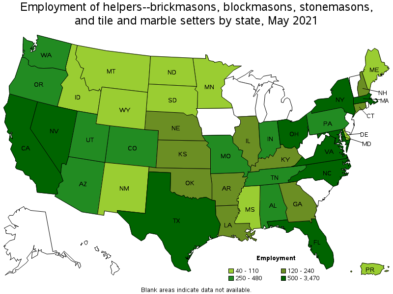 Map of employment of helpers--brickmasons, blockmasons, stonemasons, and tile and marble setters by state, May 2021