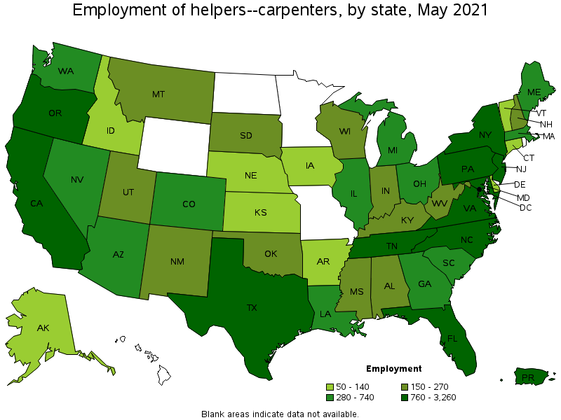 Map of employment of helpers--carpenters by state, May 2021