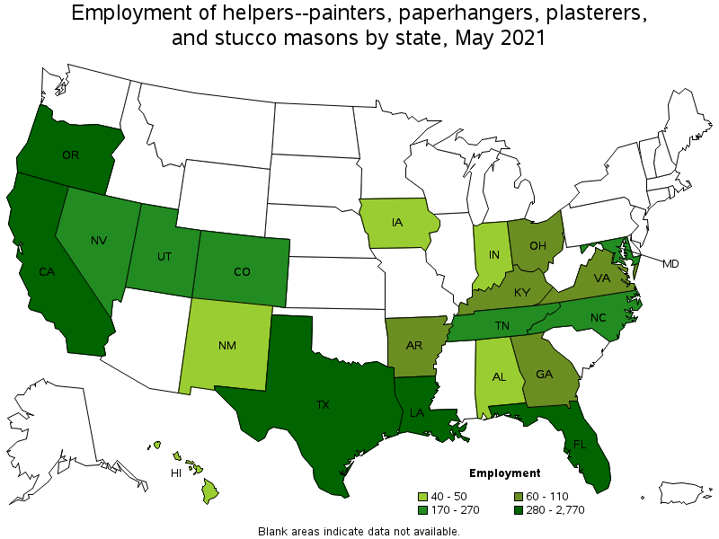 Map of employment of helpers--painters, paperhangers, plasterers, and stucco masons by state, May 2021