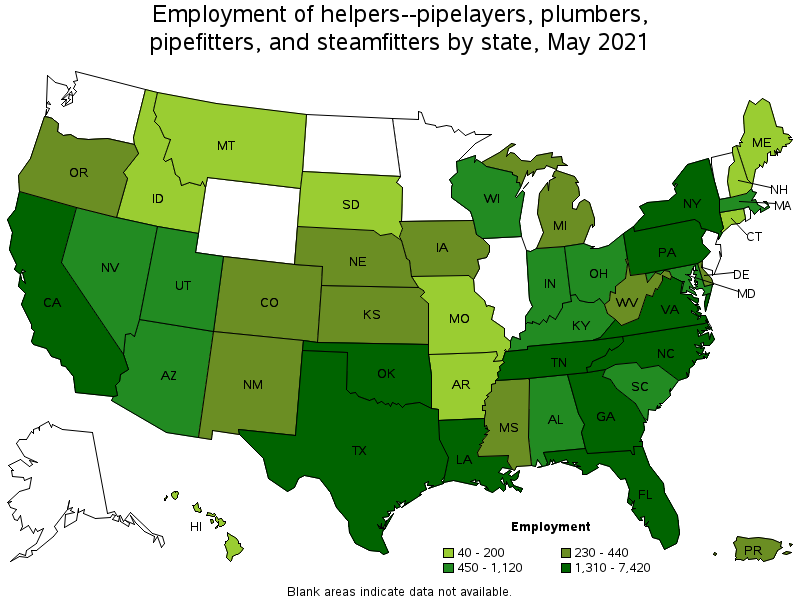 Map of employment of helpers--pipelayers, plumbers, pipefitters, and steamfitters by state, May 2021