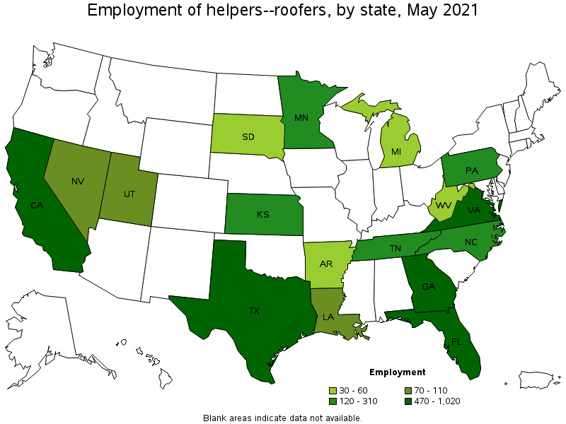 Map of employment of helpers--roofers by state, May 2021