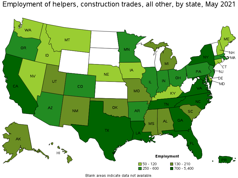 Map of employment of helpers, construction trades, all other by state, May 2021