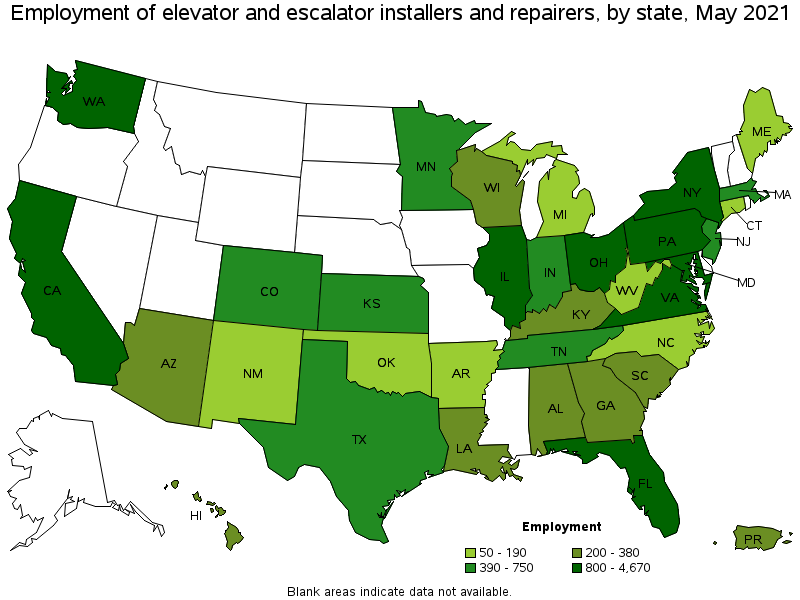Map of employment of elevator and escalator installers and repairers by state, May 2021