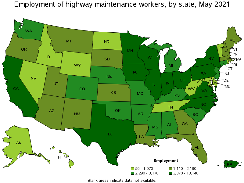 Map of employment of highway maintenance workers by state, May 2021