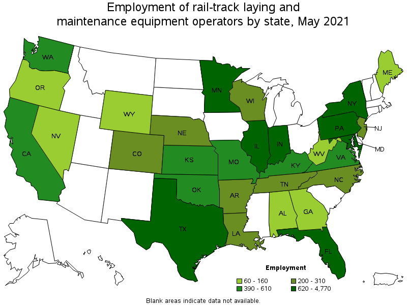 Map of employment of rail-track laying and maintenance equipment operators by state, May 2021