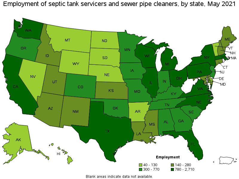 Map of employment of septic tank servicers and sewer pipe cleaners by state, May 2021