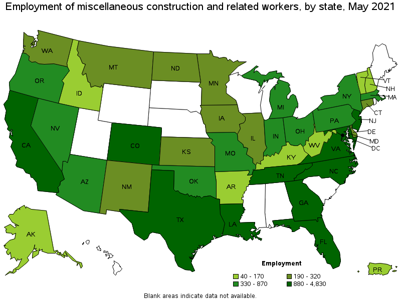 Map of employment of miscellaneous construction and related workers by state, May 2021