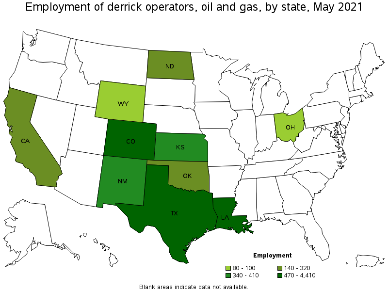 Map of employment of derrick operators, oil and gas by state, May 2021