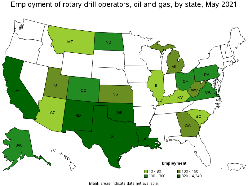 Map of employment of rotary drill operators, oil and gas by state, May 2021