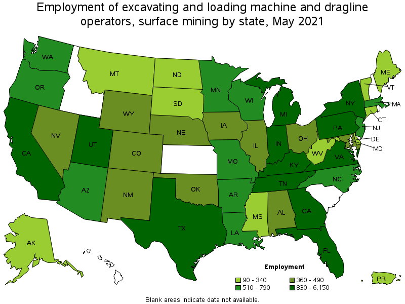 Map of employment of excavating and loading machine and dragline operators, surface mining by state, May 2021