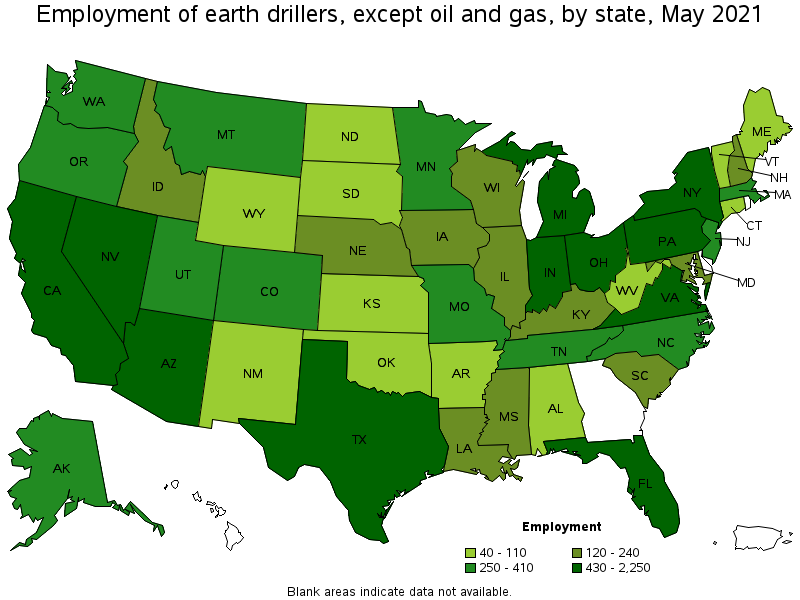Map of employment of earth drillers, except oil and gas by state, May 2021