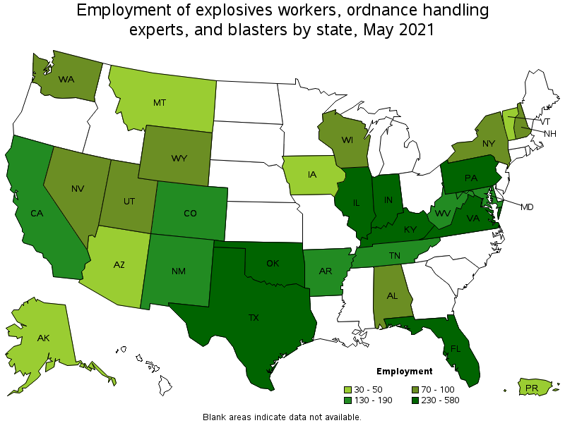 Map of employment of explosives workers, ordnance handling experts, and blasters by state, May 2021