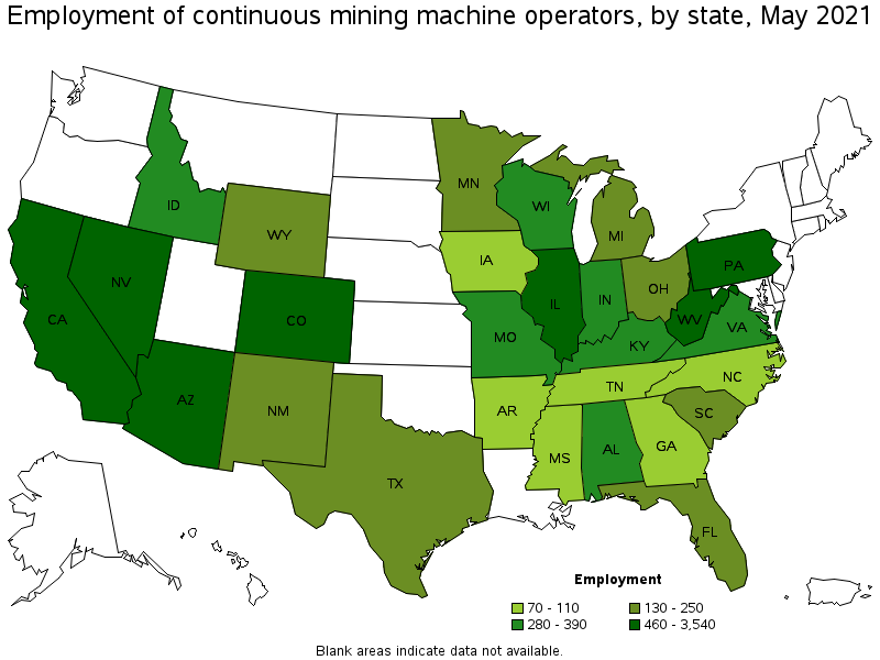 Map of employment of continuous mining machine operators by state, May 2021