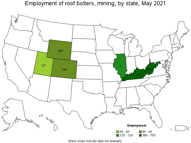 Map of employment of roof bolters, mining by state, May 2021