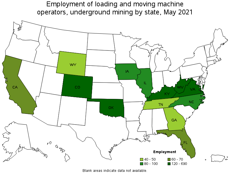 Map of employment of loading and moving machine operators, underground mining by state, May 2021