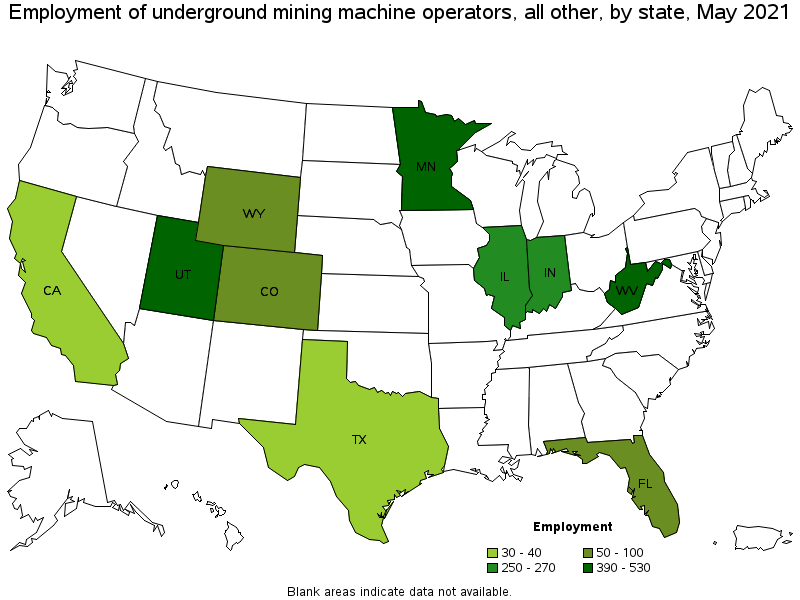 Map of employment of underground mining machine operators, all other by state, May 2021