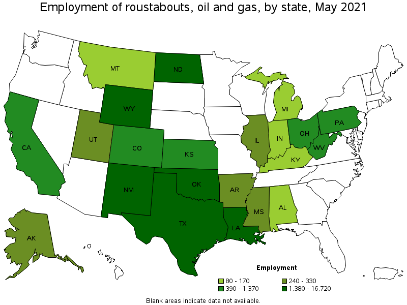 Map of employment of roustabouts, oil and gas by state, May 2021