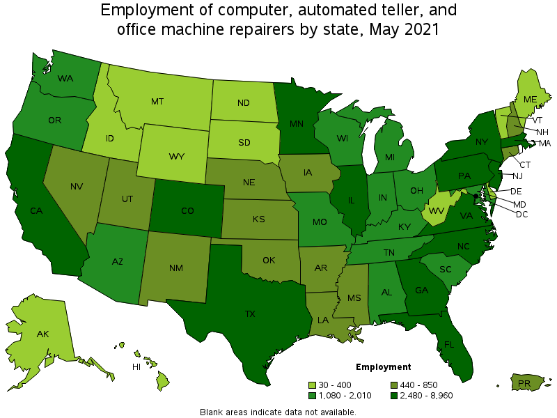 Map of employment of computer, automated teller, and office machine repairers by state, May 2021
