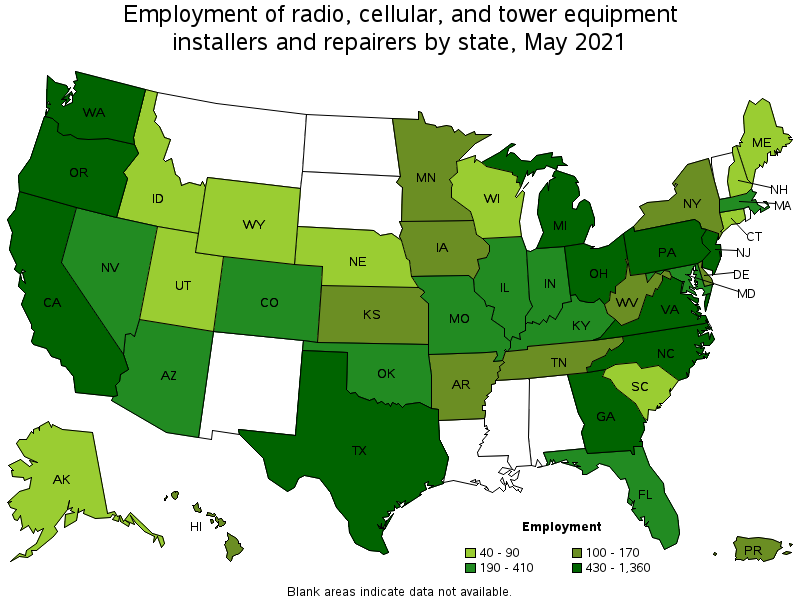 Map of employment of radio, cellular, and tower equipment installers and repairers by state, May 2021