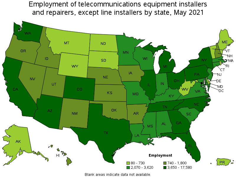 Map of employment of telecommunications equipment installers and repairers, except line installers by state, May 2021