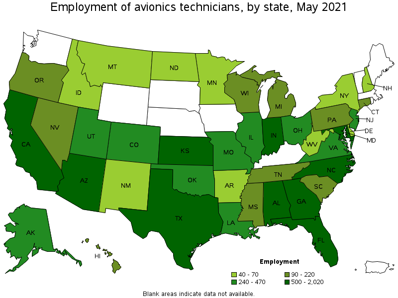 Map of employment of avionics technicians by state, May 2021