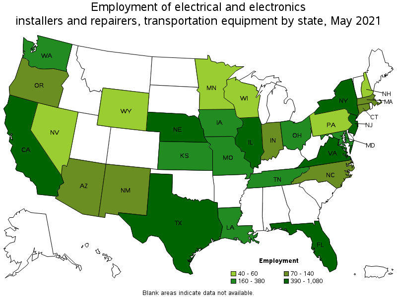 Map of employment of electrical and electronics installers and repairers, transportation equipment by state, May 2021