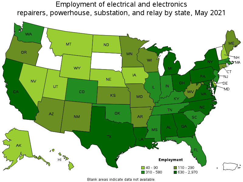 Map of employment of electrical and electronics repairers, powerhouse, substation, and relay by state, May 2021