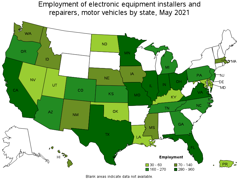 Map of employment of electronic equipment installers and repairers, motor vehicles by state, May 2021