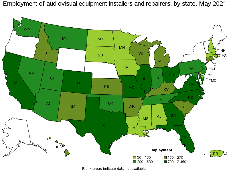 Map of employment of audiovisual equipment installers and repairers by state, May 2021