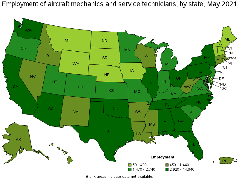 Map of employment of aircraft mechanics and service technicians by state, May 2021