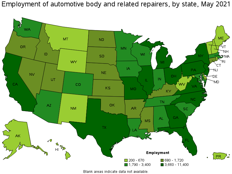 Map of employment of automotive body and related repairers by state, May 2021