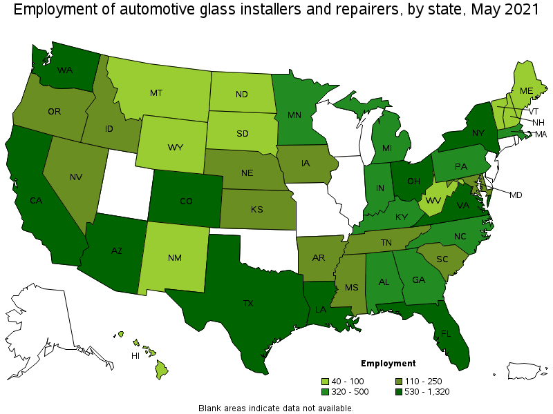 Map of employment of automotive glass installers and repairers by state, May 2021
