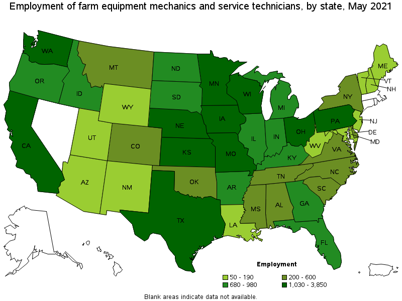 Map of employment of farm equipment mechanics and service technicians by state, May 2021