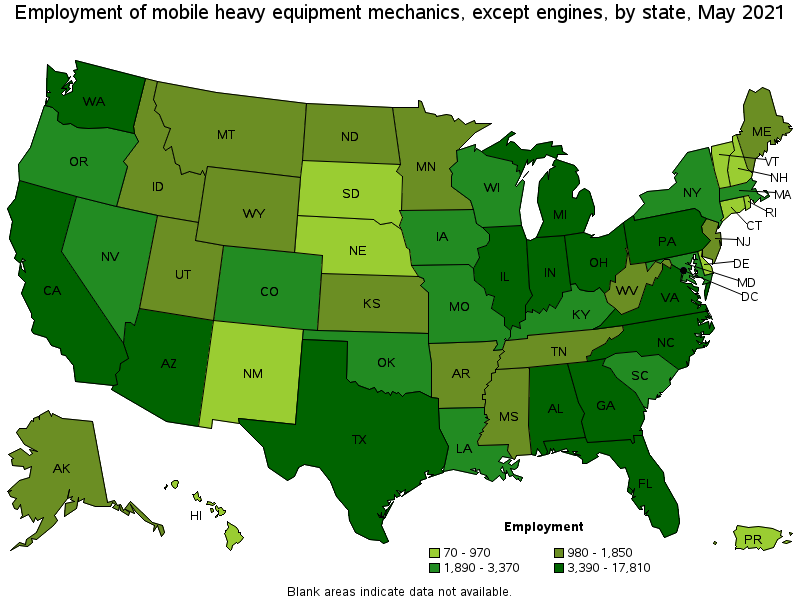 Map of employment of mobile heavy equipment mechanics, except engines by state, May 2021